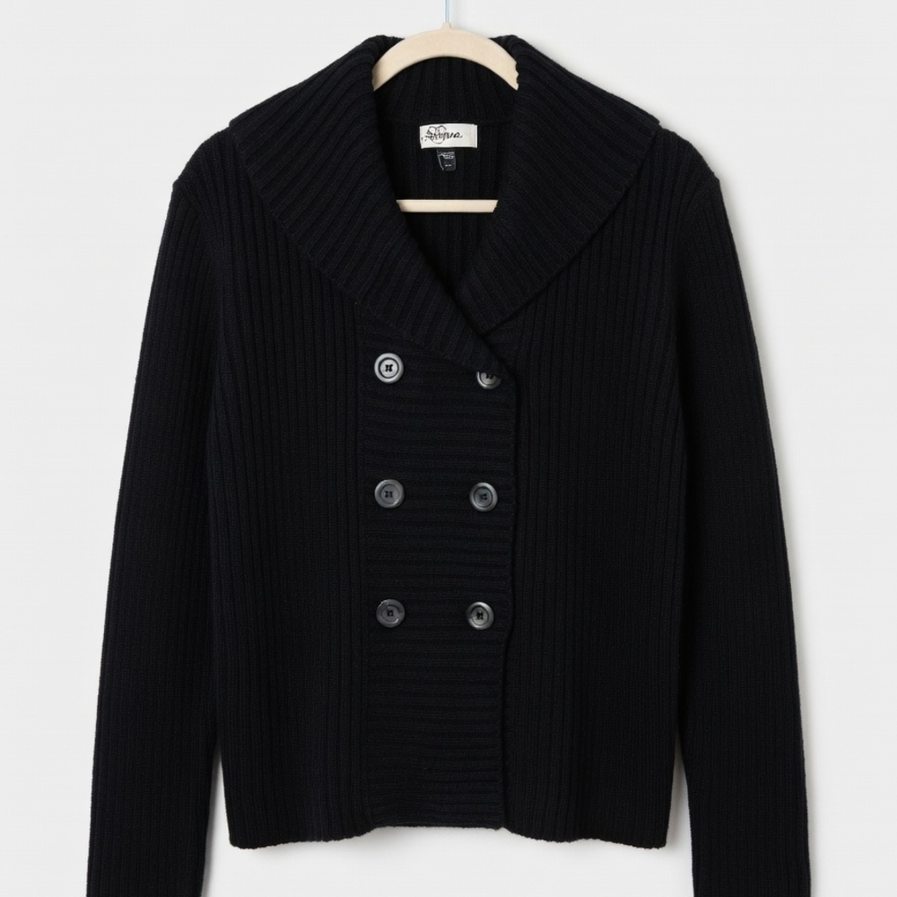 Black Ribbed Double-Breasted Shawl Collar Cardigan
